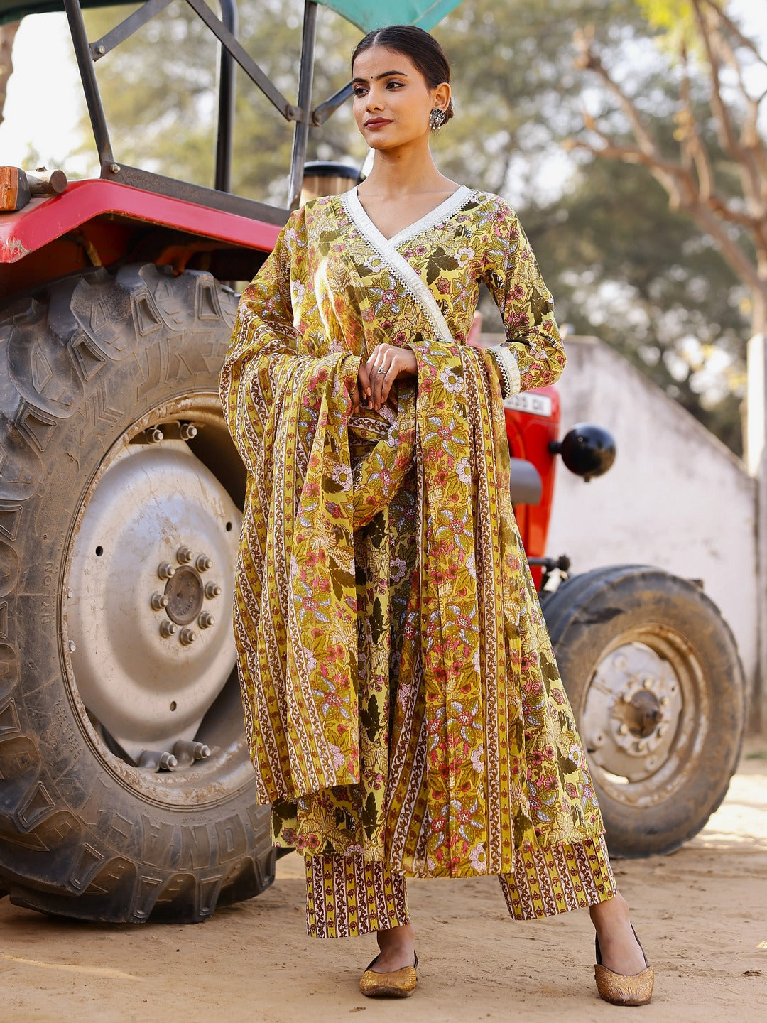 Printed Pure Cotton 3/4 Sleeve Kurta And Trouser Set With Dupatta