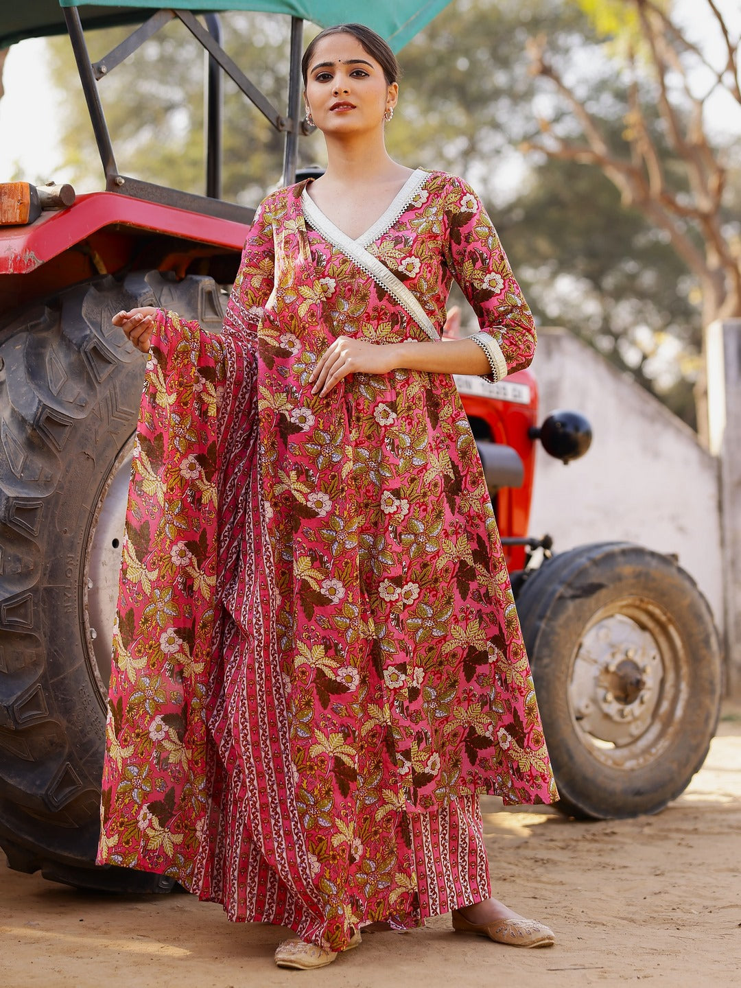 Printed Pure Cotton 3/4 Sleeve Kurta And Trouser Set With Dupatta