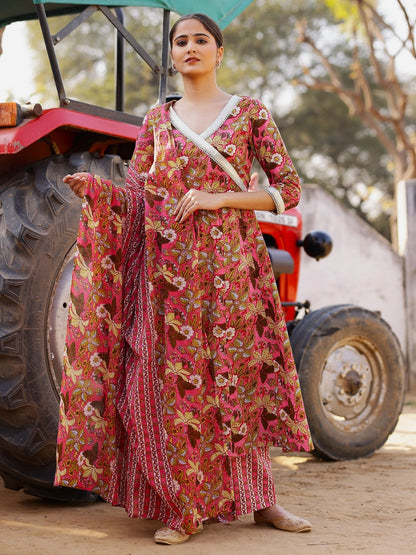 Printed Pure Cotton 3/4 Sleeve Kurta And Trouser Set With Dupatta