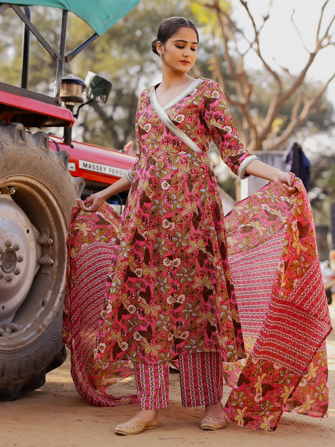 Printed Pure Cotton 3/4 Sleeve Kurta And Trouser Set With Dupatta