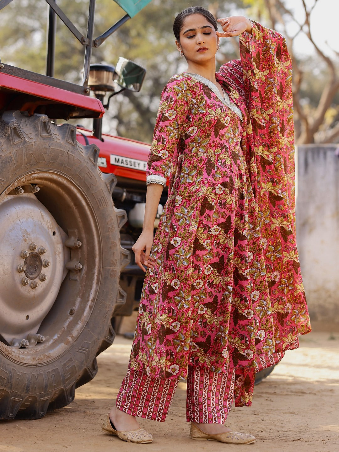 Printed Pure Cotton 3/4 Sleeve Kurta And Trouser Set With Dupatta