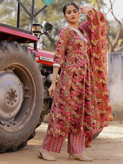 Printed Pure Cotton 3/4 Sleeve Kurta And Trouser Set With Dupatta