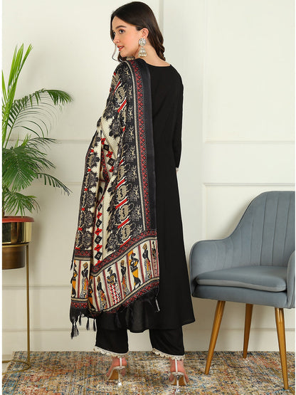 Solid Viscose Rayon 3/4 Sleeve Kurta And Palazzo Set With Dupatta