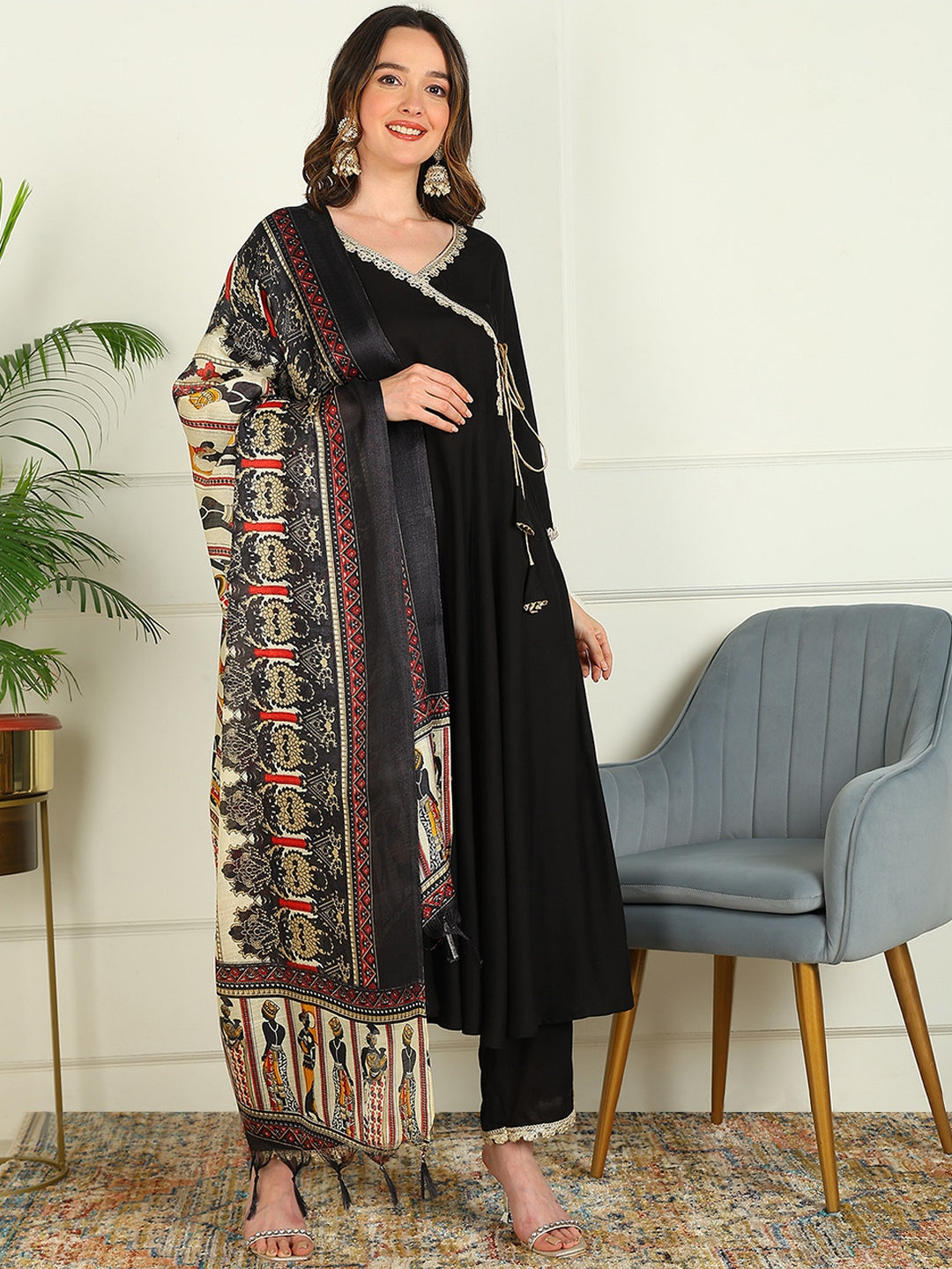 Solid Viscose Rayon 3/4 Sleeve Kurta And Palazzo Set With Dupatta