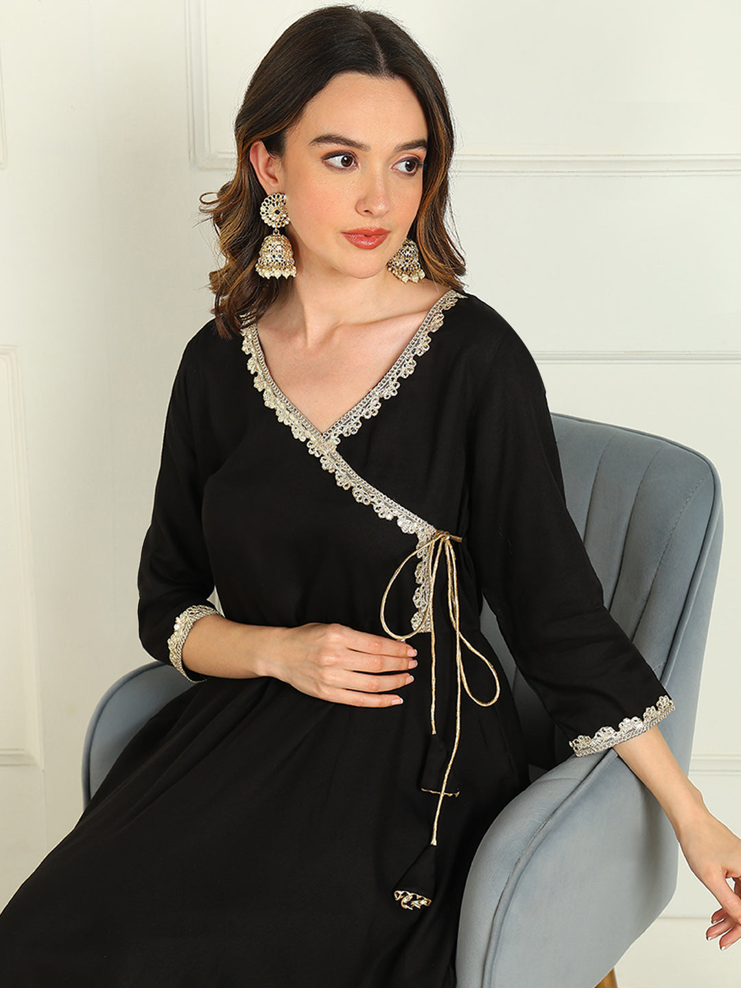 Solid Viscose Rayon 3/4 Sleeve Kurta And Palazzo Set With Dupatta