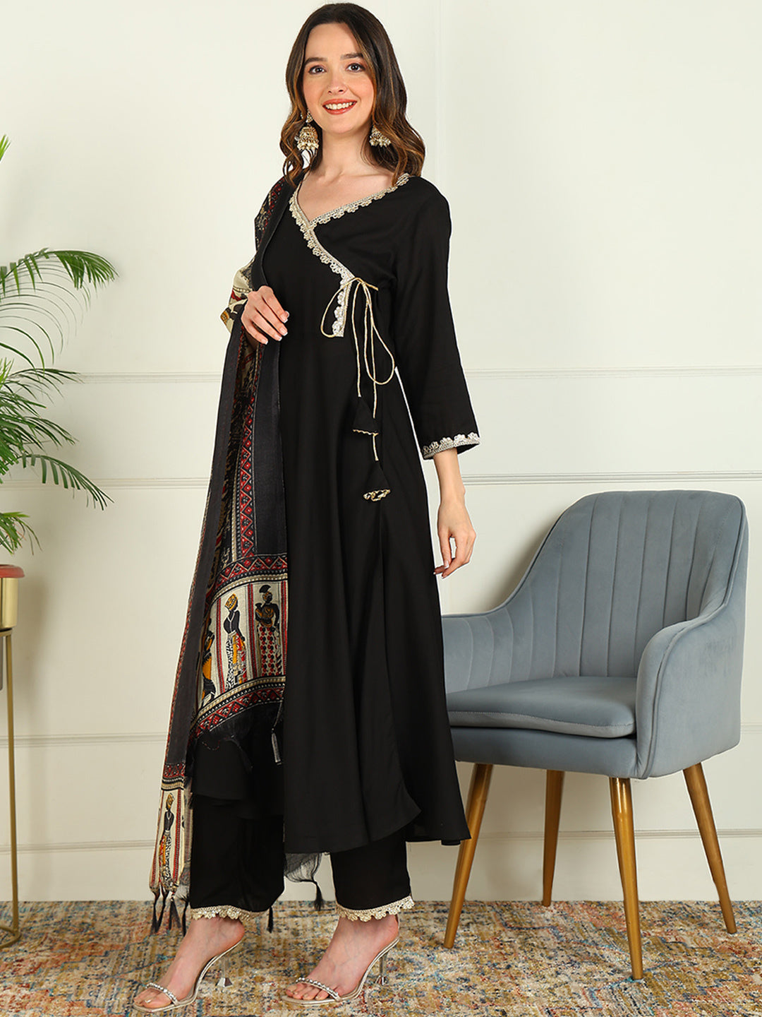 Solid Viscose Rayon 3/4 Sleeve Kurta And Palazzo Set With Dupatta