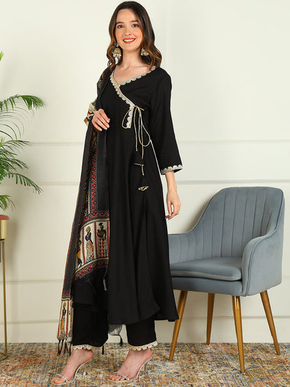 Solid Viscose Rayon 3/4 Sleeve Kurta And Palazzo Set With Dupatta