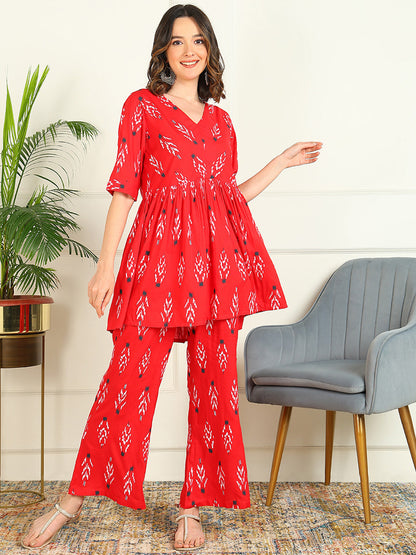 Printed Viscose Rayon Half Sleeve Kurti And Trouser Set