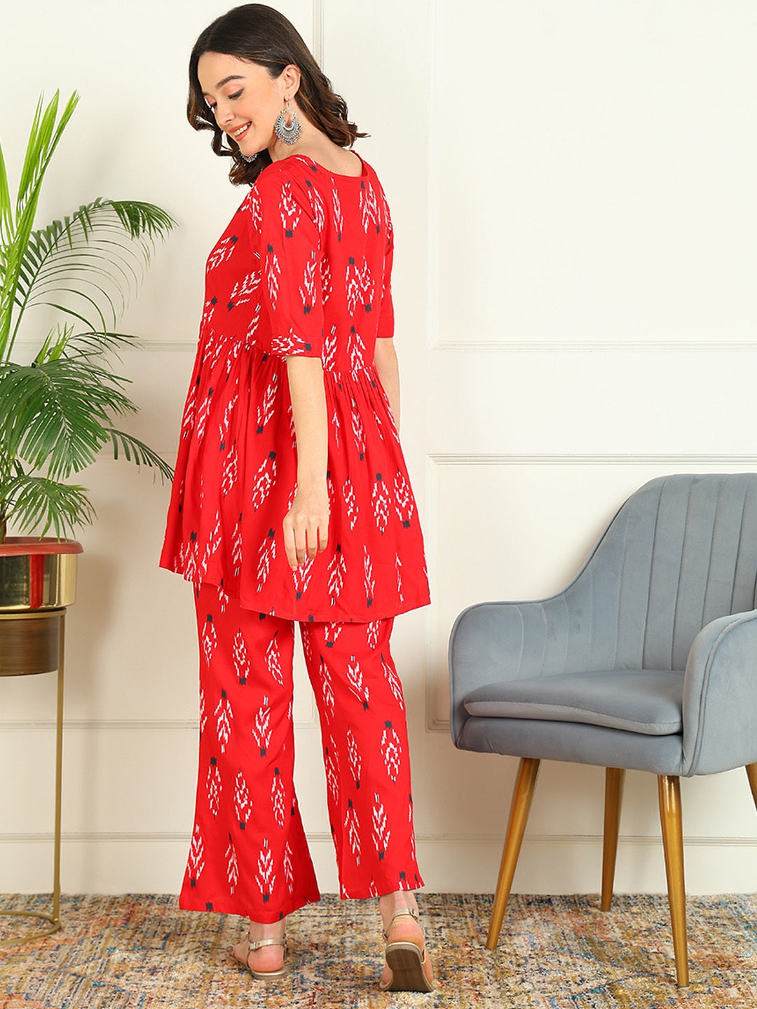 Printed Viscose Rayon Half Sleeve Kurti And Trouser Set