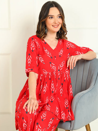 Printed Viscose Rayon Half Sleeve Kurti And Trouser Set