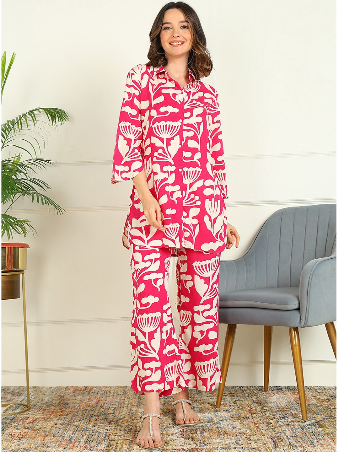 Printed Viscose Rayon 3/4 Sleeve Kurti And Trouser Set