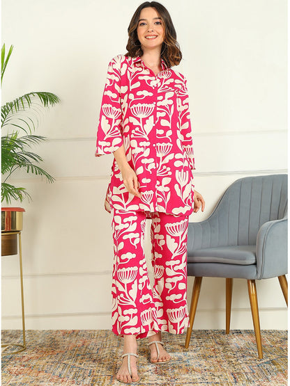 Printed Viscose Rayon 3/4 Sleeve Kurti And Trouser Set