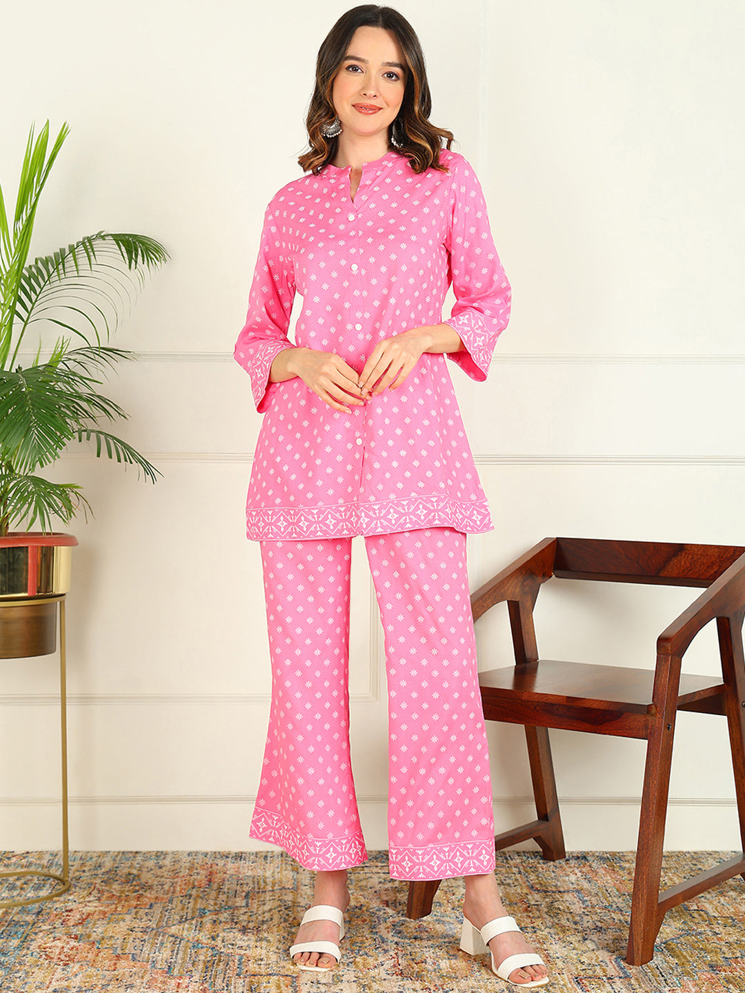 Printed Viscose Rayon 3/4 Sleeve Kurti And Trouser Set