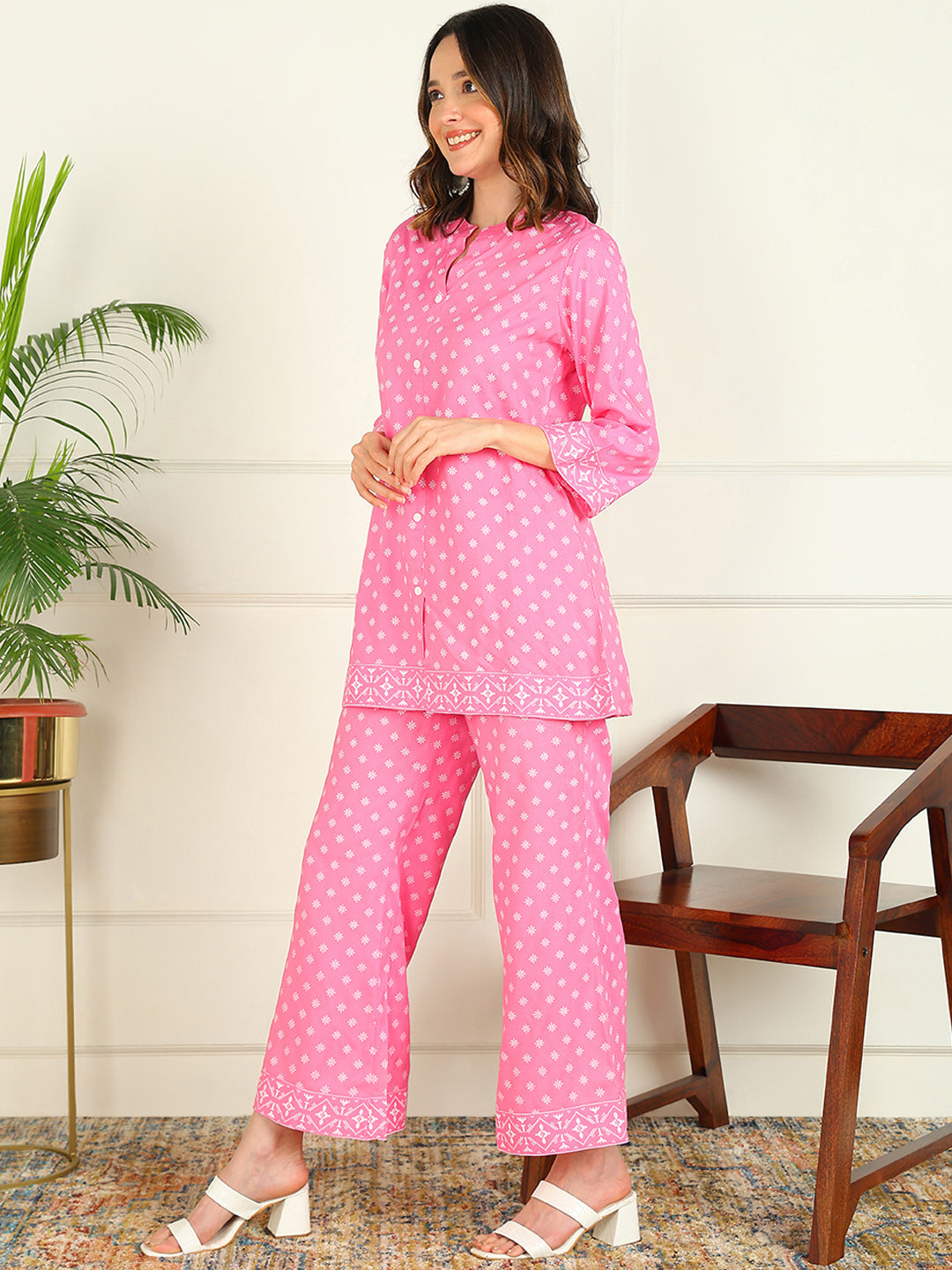 Printed Viscose Rayon 3/4 Sleeve Kurti And Trouser Set