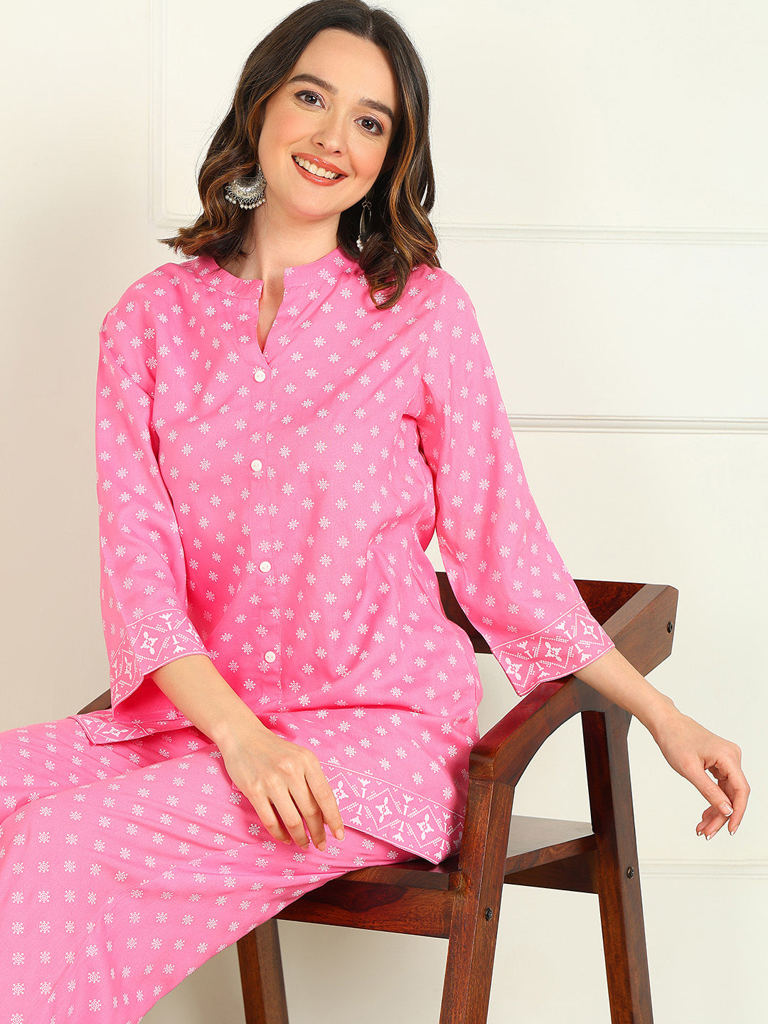 Printed Viscose Rayon 3/4 Sleeve Kurti And Trouser Set