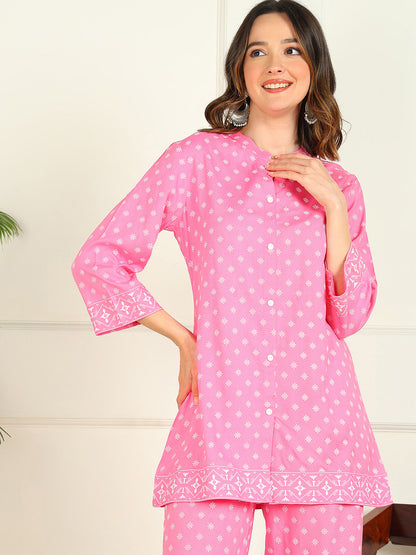 Printed Viscose Rayon 3/4 Sleeve Kurti And Trouser Set