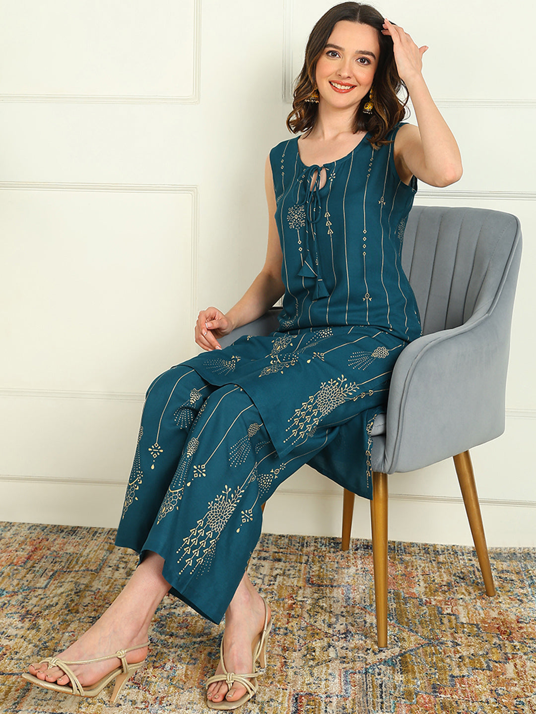 Printed Viscose Rayon Sleeveless Kurti And Palazzo Set