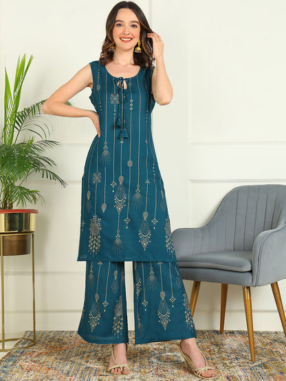 Printed Viscose Rayon Sleeveless Kurti And Palazzo Set