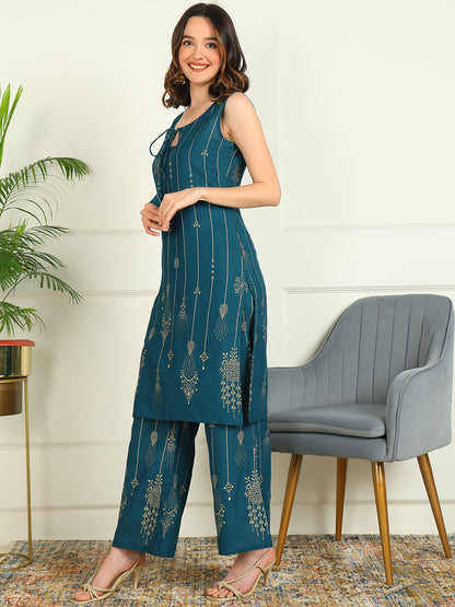 Printed Viscose Rayon Sleeveless Kurti And Palazzo Set