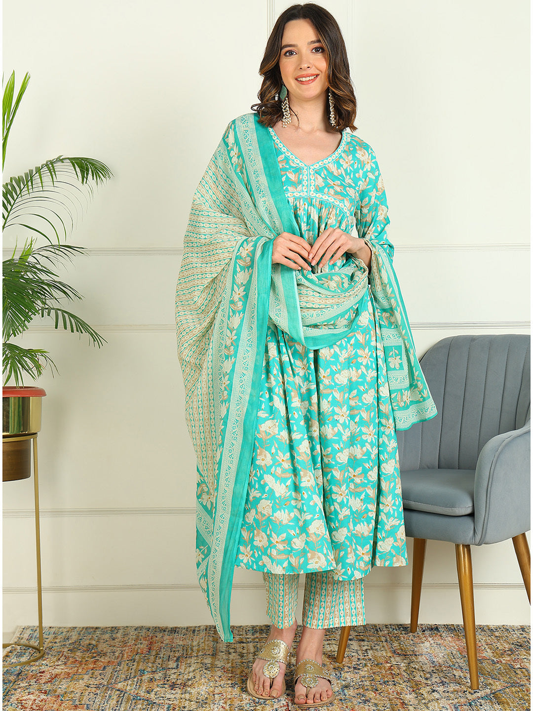 Printed Pure Cotton 3/4 Sleeve Kurta And Trouser Set With Dupatta
