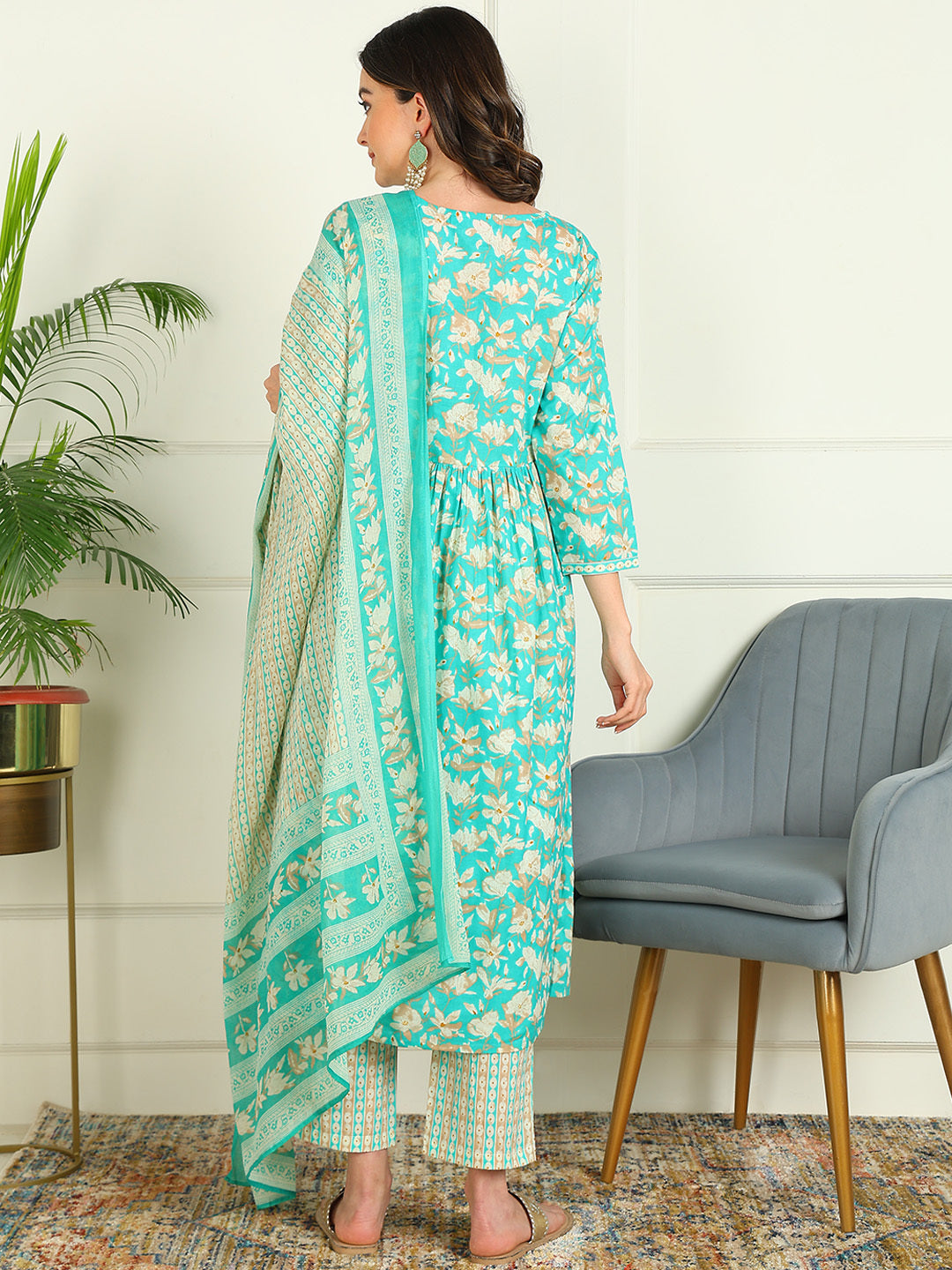 Printed Pure Cotton 3/4 Sleeve Kurta And Trouser Set With Dupatta
