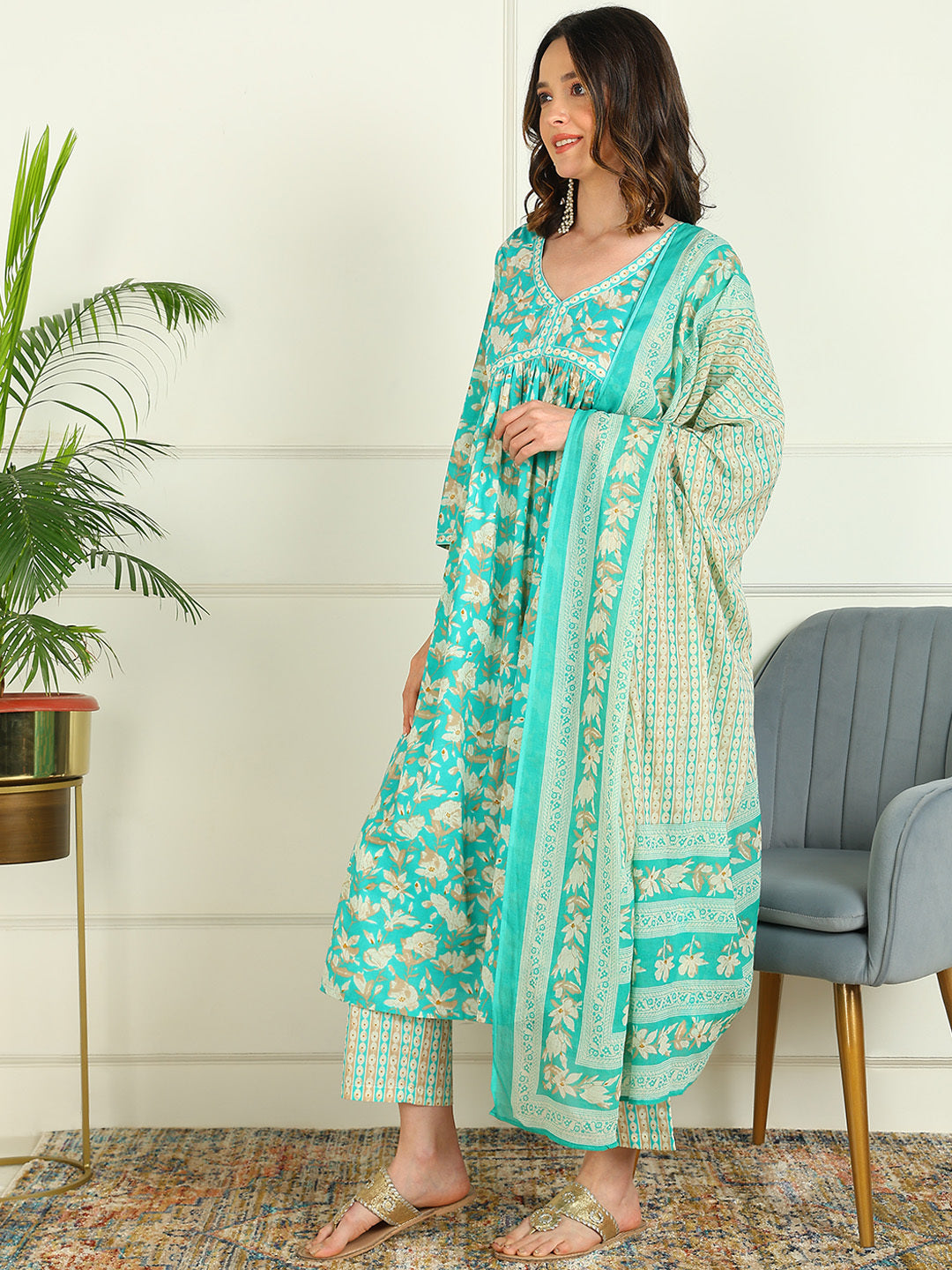 Printed Pure Cotton 3/4 Sleeve Kurta And Trouser Set With Dupatta