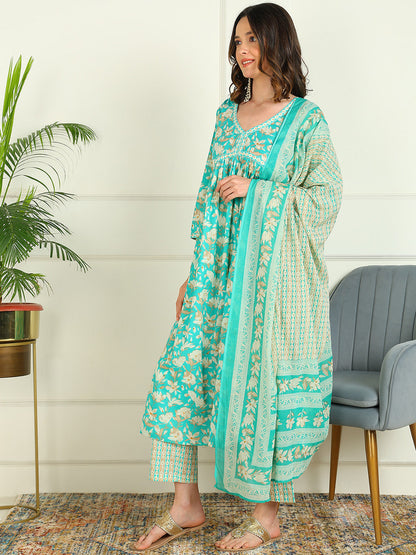 Printed Pure Cotton 3/4 Sleeve Kurta And Trouser Set With Dupatta
