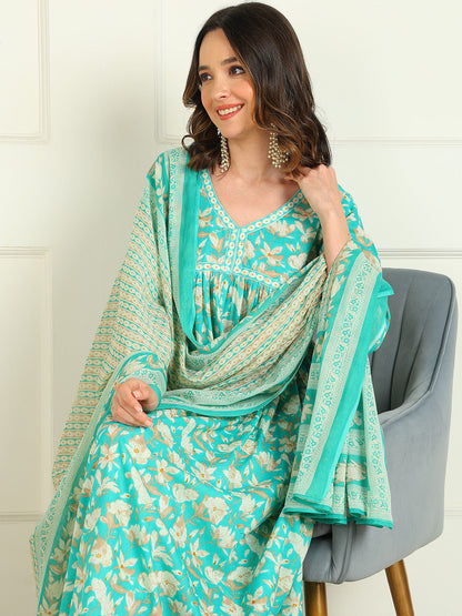 Printed Pure Cotton 3/4 Sleeve Kurta And Trouser Set With Dupatta