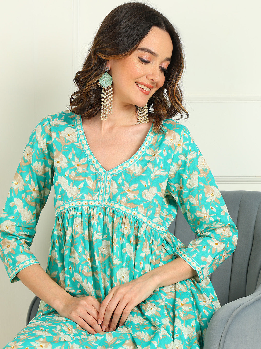 Printed Pure Cotton 3/4 Sleeve Kurta And Trouser Set With Dupatta