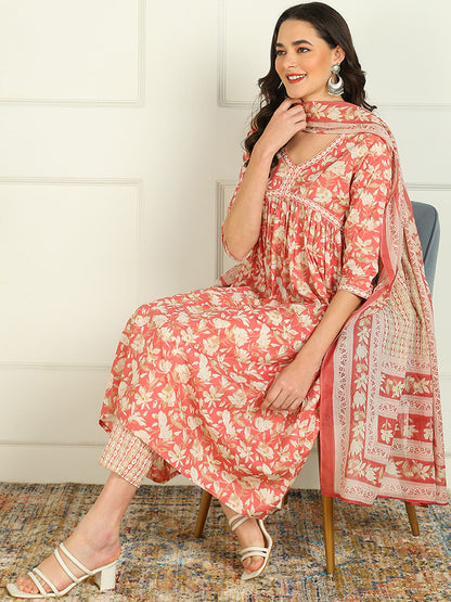 Printed Pure Cotton 3/4 Sleeve Kurta And Trouser Set With Dupatta