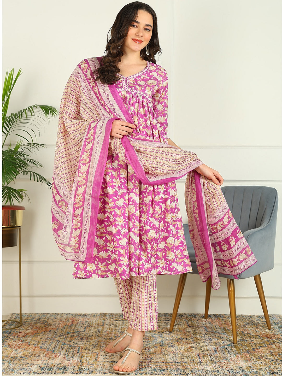 Printed Pure Cotton 3/4 Sleeve Kurta And Trouser Set Wih Dupatta