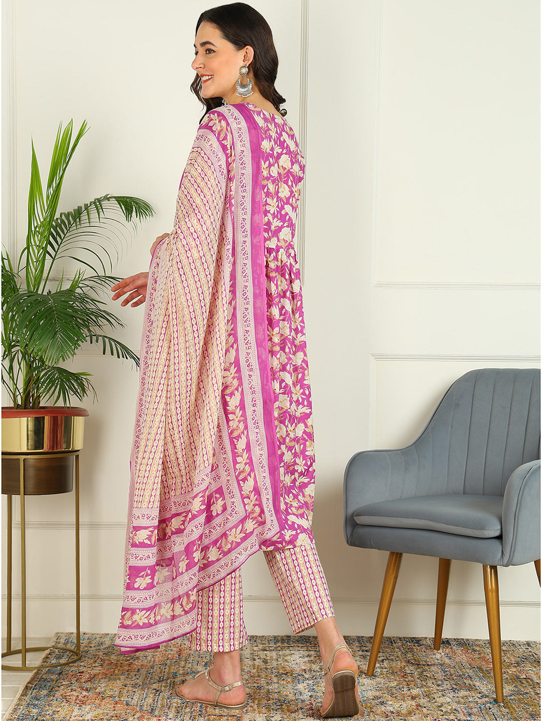 Printed Pure Cotton 3/4 Sleeve Kurta And Trouser Set Wih Dupatta