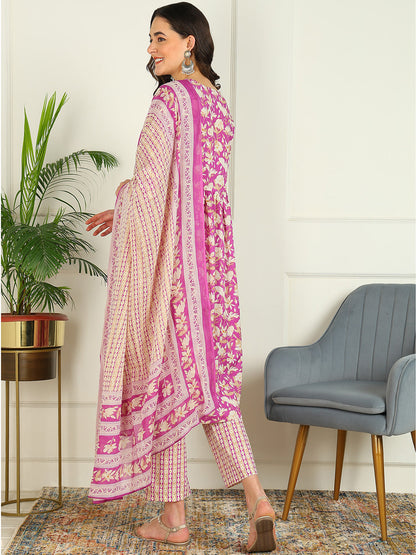 Printed Pure Cotton 3/4 Sleeve Kurta And Trouser Set Wih Dupatta