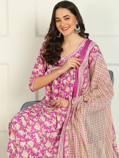 Printed Pure Cotton 3/4 Sleeve Kurta And Trouser Set Wih Dupatta
