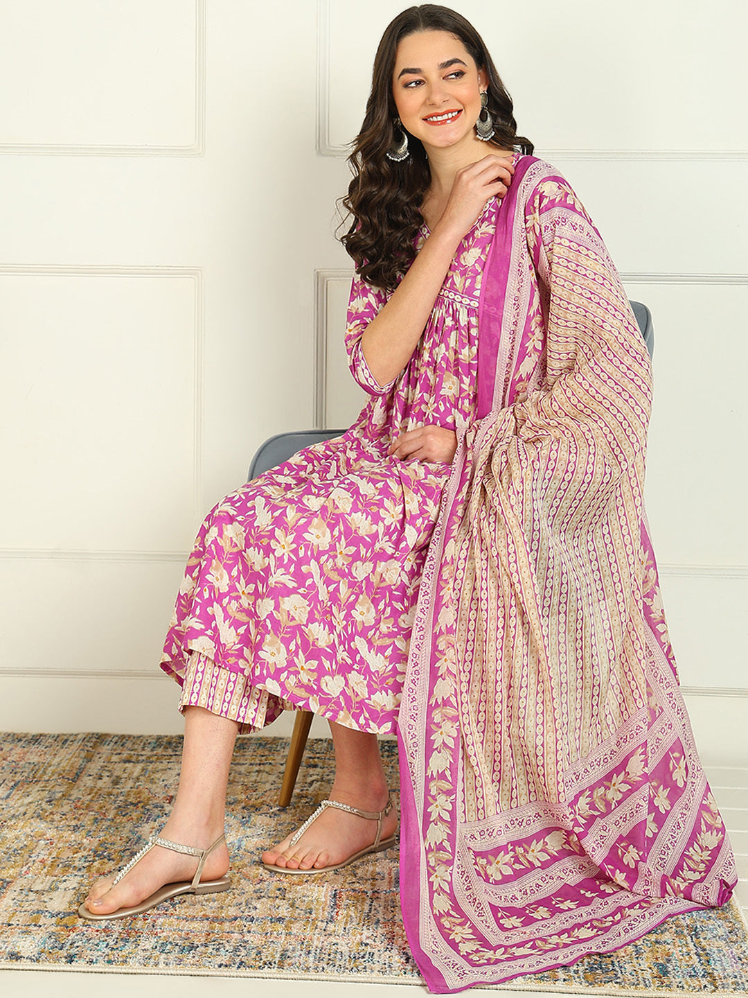 Printed Pure Cotton 3/4 Sleeve Kurta And Trouser Set Wih Dupatta