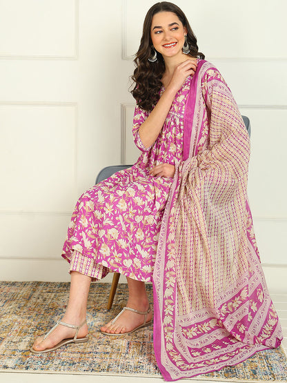 Printed Pure Cotton 3/4 Sleeve Kurta And Trouser Set Wih Dupatta