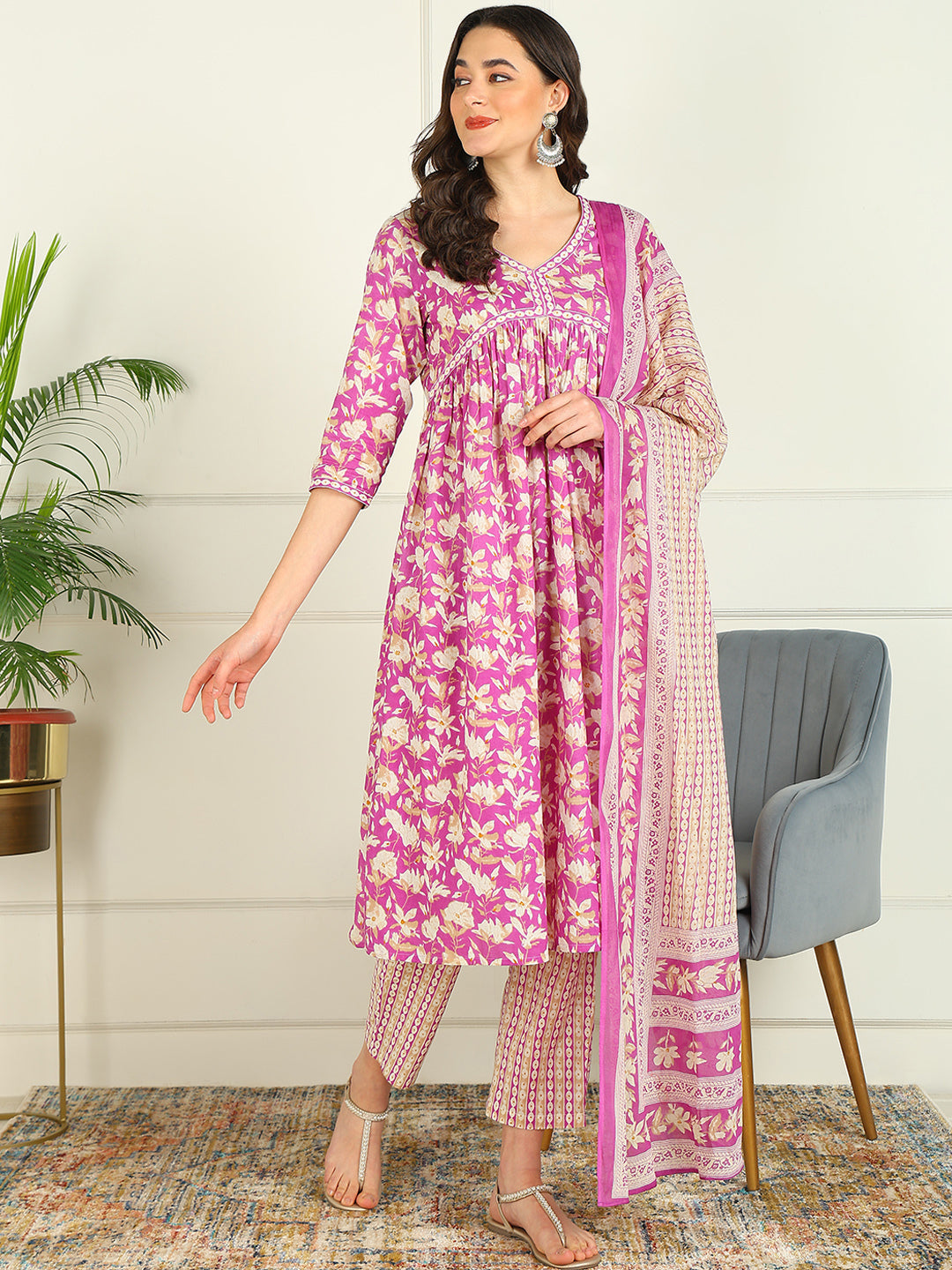 Printed Pure Cotton 3/4 Sleeve Kurta And Trouser Set Wih Dupatta