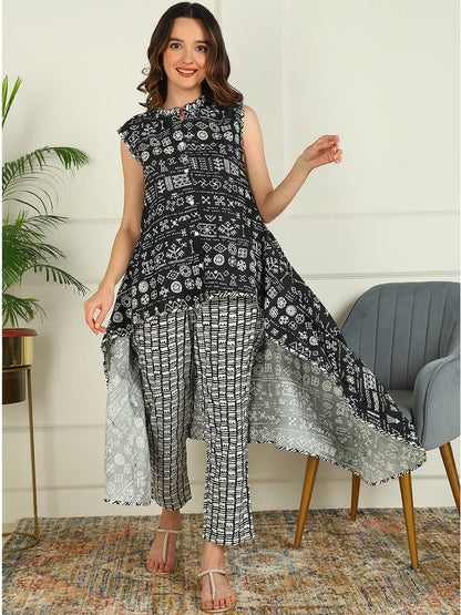 Printed Viscose Rayon Sleeveless Kurta And Trouser Set