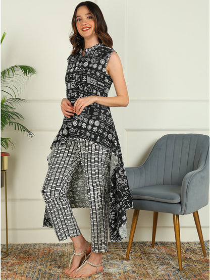 Printed Viscose Rayon Sleeveless Kurta And Trouser Set