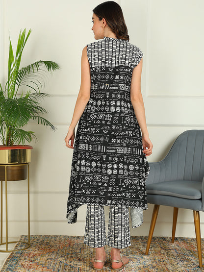Printed Viscose Rayon Sleeveless Kurta And Trouser Set