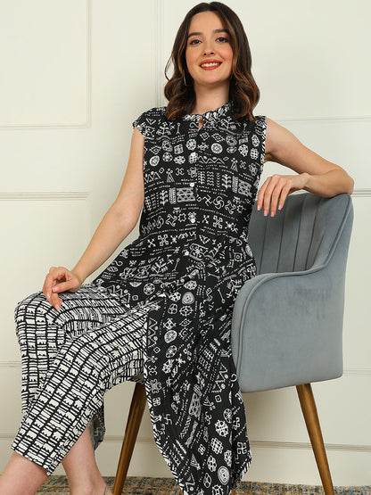 Printed Viscose Rayon Sleeveless Kurta And Trouser Set