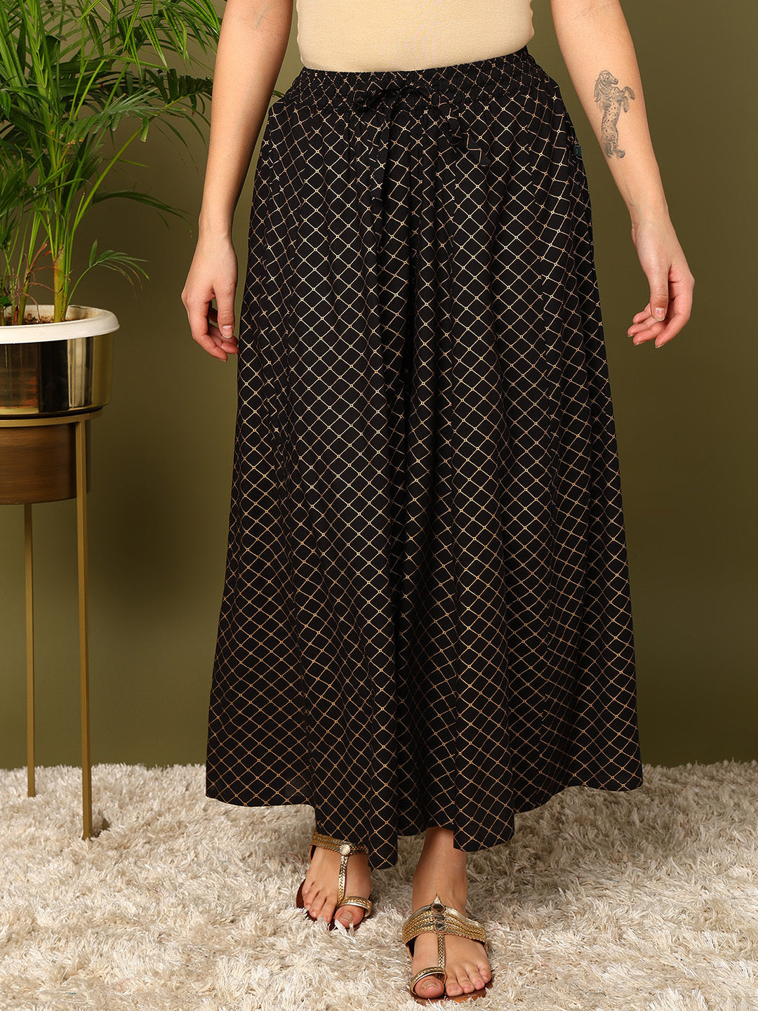 Black Viscose Rayon Printed Palazzos