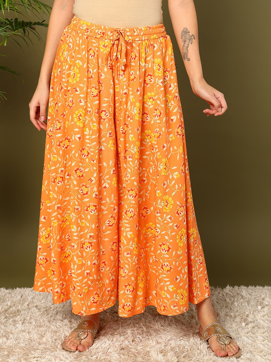 Orange Viscose Rayon Printed Palazzos