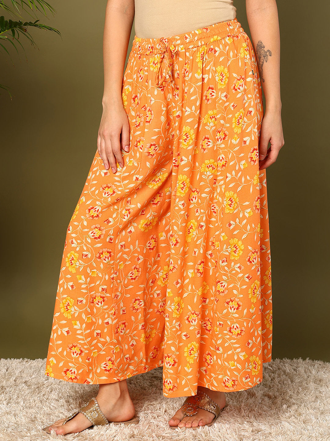 Orange Viscose Rayon Printed Palazzos