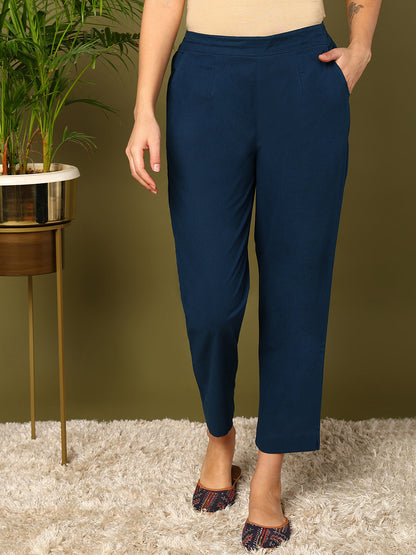 Blue Pure Cotton Solid Cigarette Trousers