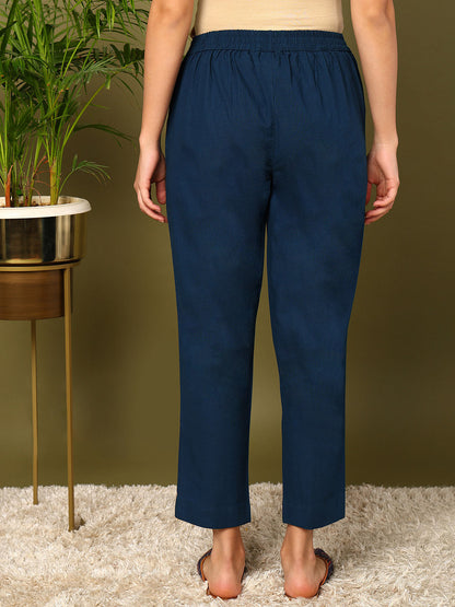 Blue Pure Cotton Solid Cigarette Trousers