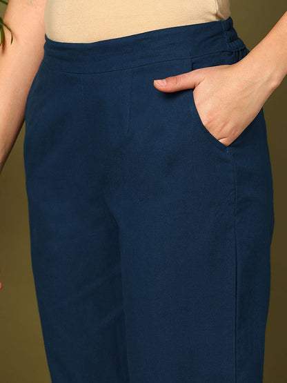 Blue Pure Cotton Solid Cigarette Trousers