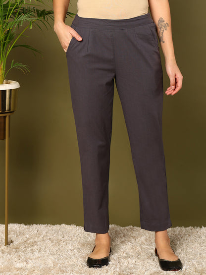 Grey Pure Cotton Solid Casual Trousers