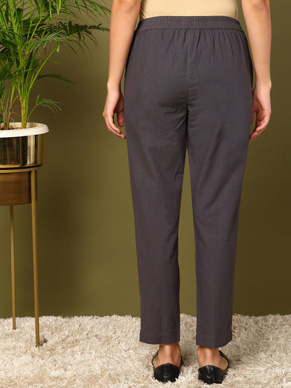 Grey Pure Cotton Solid Casual Trousers