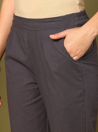 Grey Pure Cotton Solid Casual Trousers